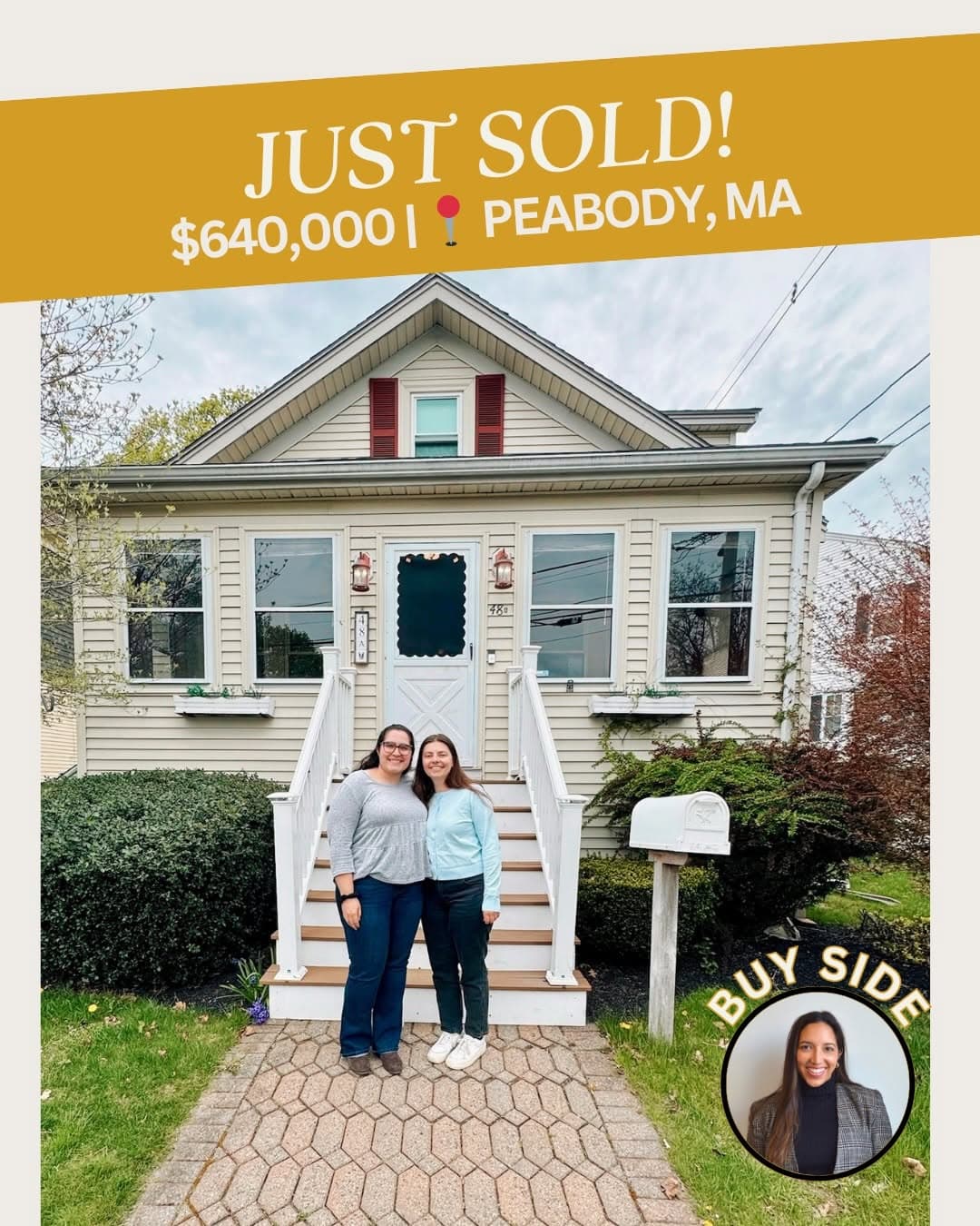 Cassie clients outside a just-sold home in Peabody, Massachusetts