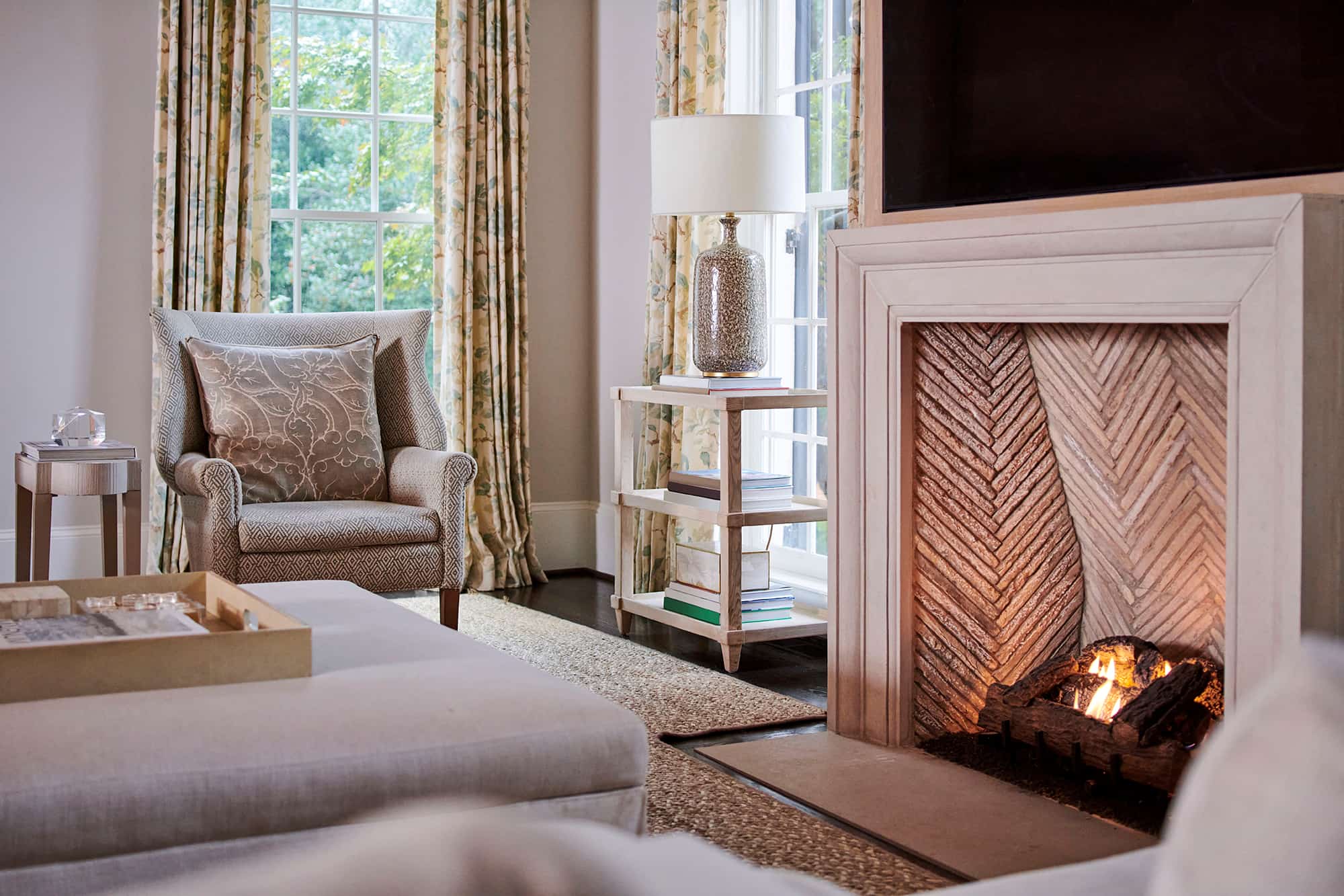 Luxury living room with fireplace
