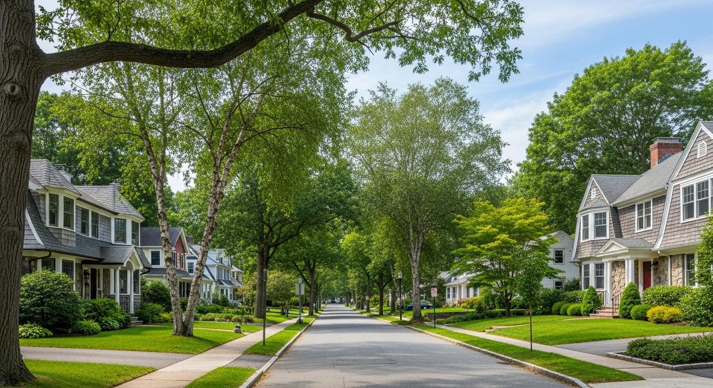 Tree-lined Newton neighborhood street with single-family homes